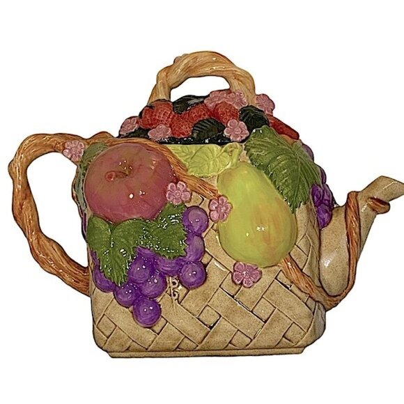 Vintage Large Hand Crafted Teapot Fruit Lattice Basket Artisanal Ceramic 1994 - Picture 3 of 15